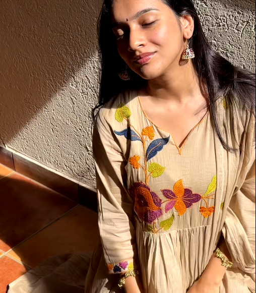Beige Floral Embroidered Pure Cotton Anarkali Set