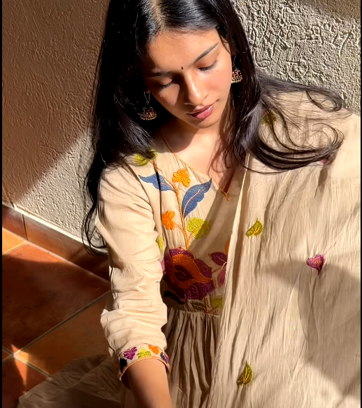 Beige Floral Embroidered Pure Cotton Anarkali Set