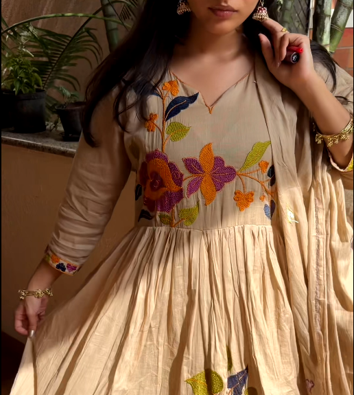 Beige Floral Embroidered Pure Cotton Anarkali Set
