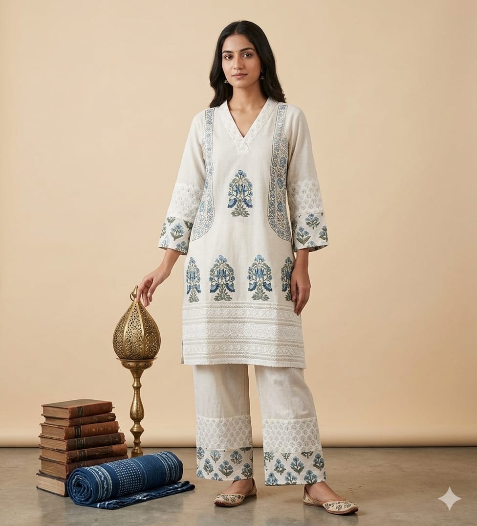Blue Khadi Cotton Hand Block Printed Co-ord Set