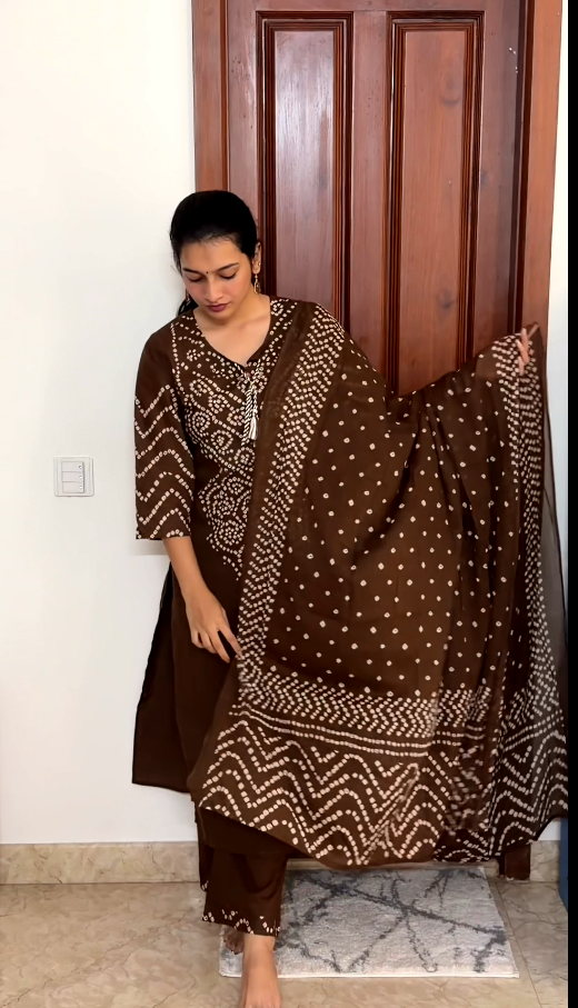 Chocolate Brown Bandhani 3-Piece Kurta Set
