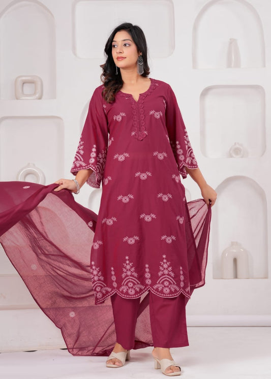 Wine Cotton Embroidered Kurta Set