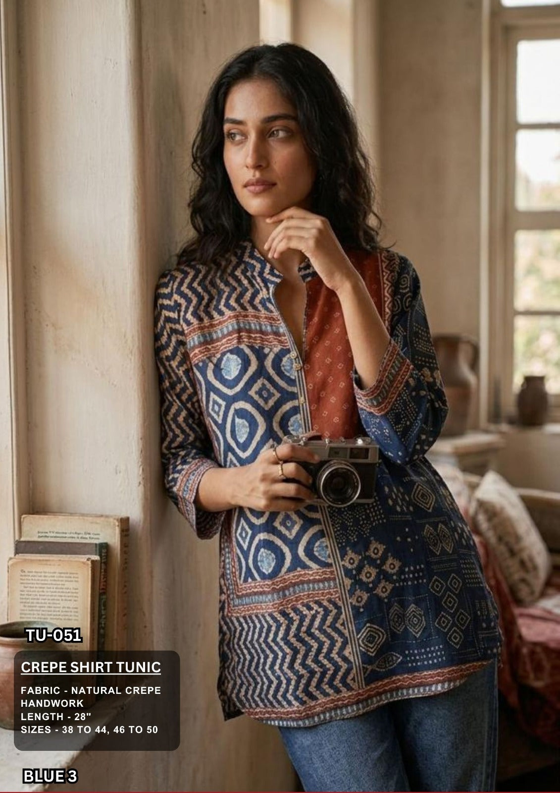 Bue Printed Crepe Shirt Tunic with Handwork
