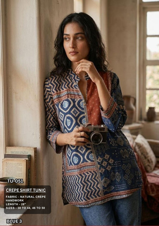 Bue Printed Crepe Shirt Tunic with Handwork