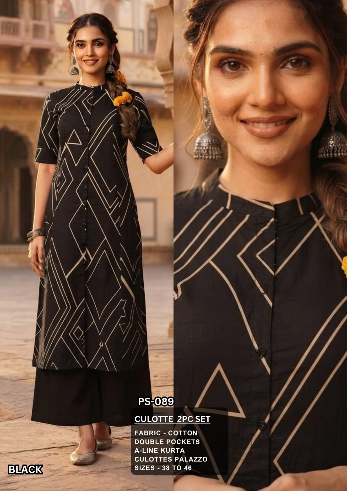 Black Printed Cotton Kurta & Culotte Co-ord Set