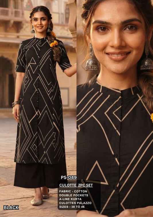 Black Printed Cotton Kurta & Culotte Co-ord Set