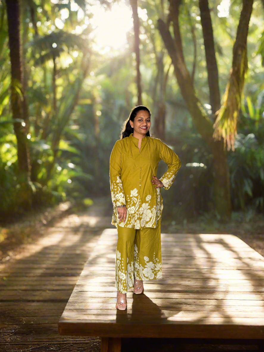 Olive Green Discharge Print Coord set