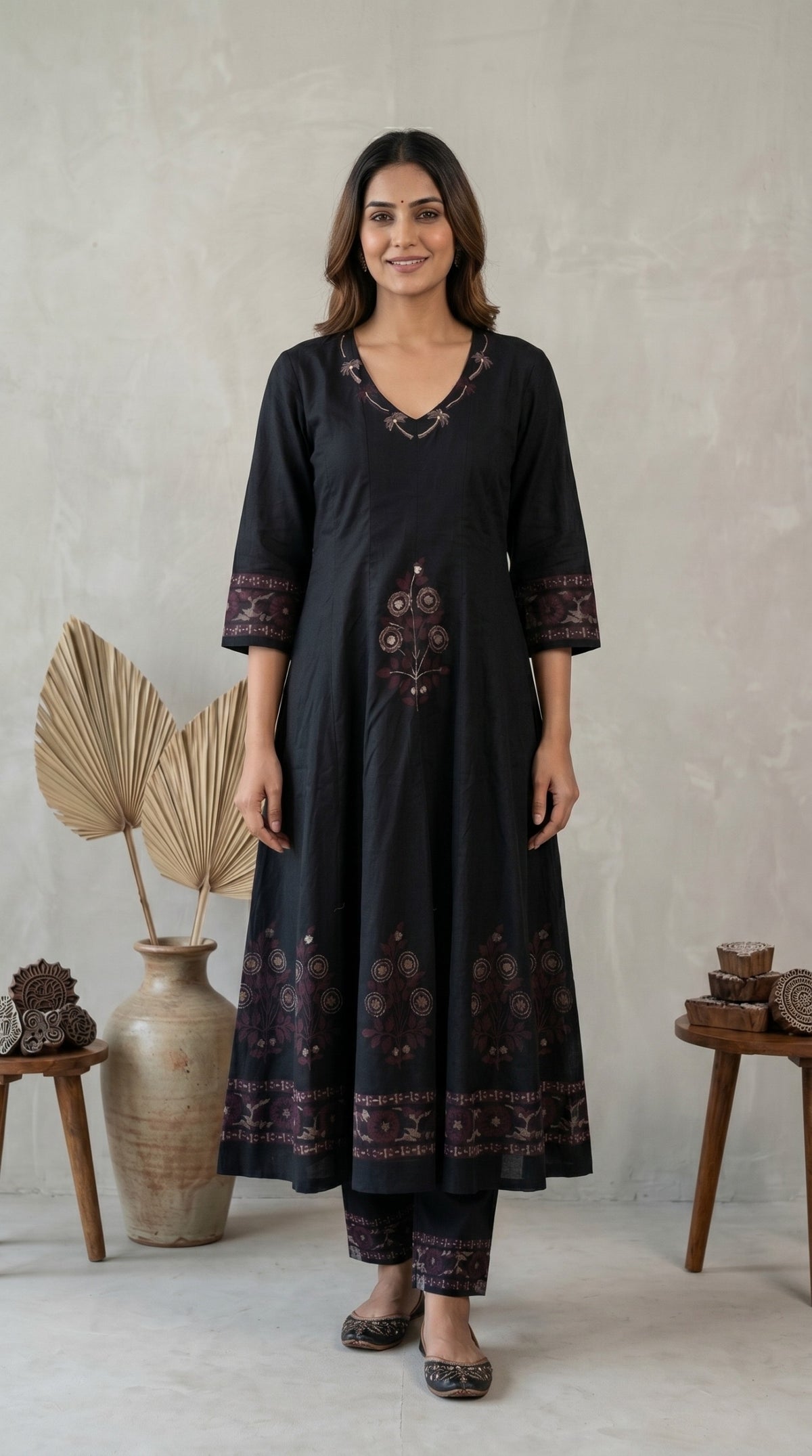Black Handblock Printed Anarkali 3-Piece Set