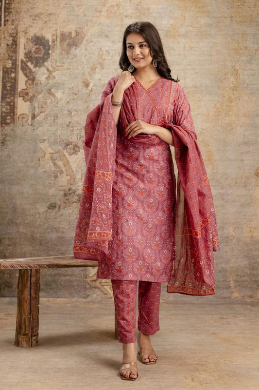 Maroon Cotton Printed Kurta set