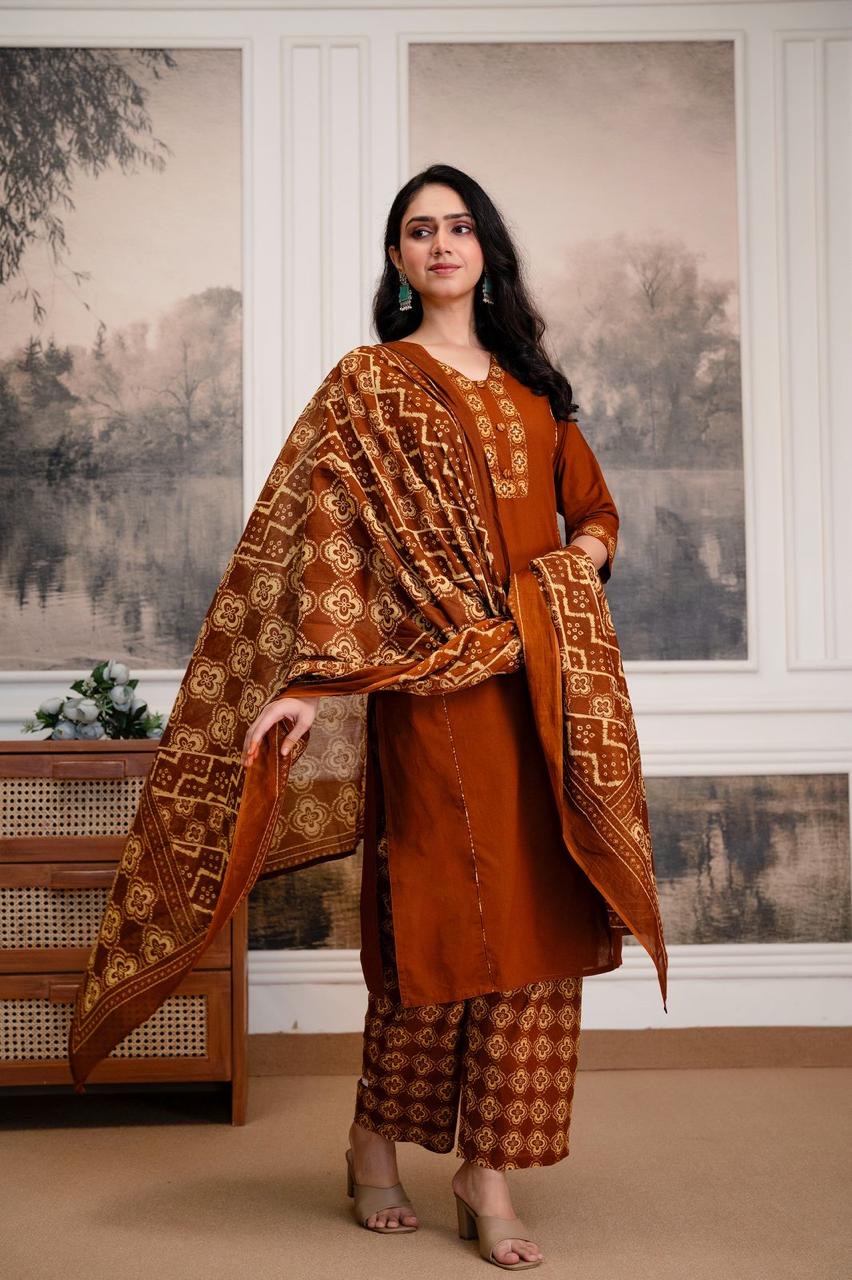 Rust Printed Cotton Kurta set