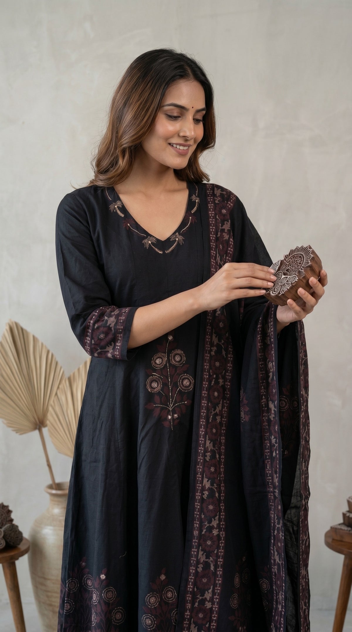 Black Handblock Printed Anarkali 3-Piece Set