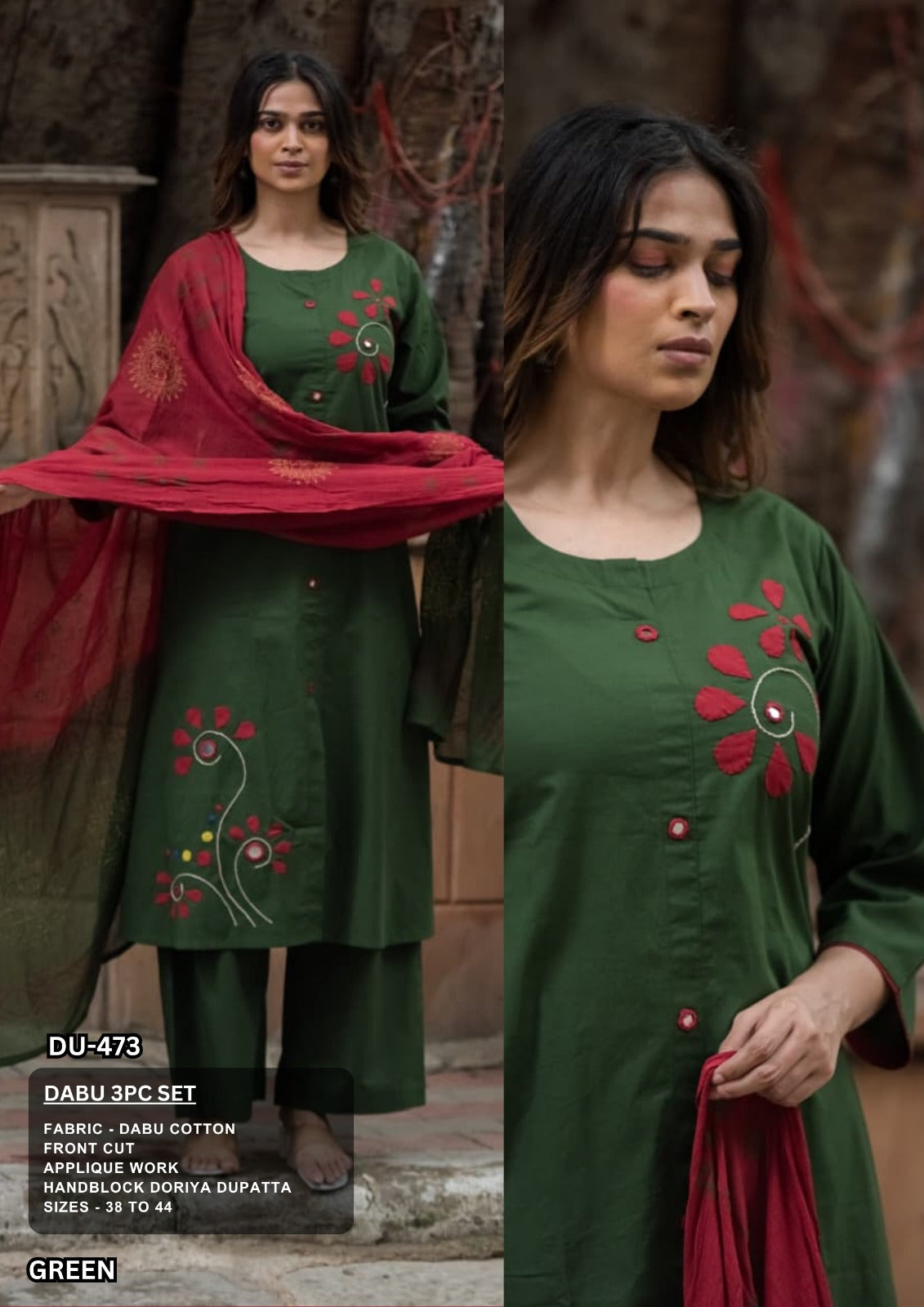 Green Dabu Cotton 3-Piece Set