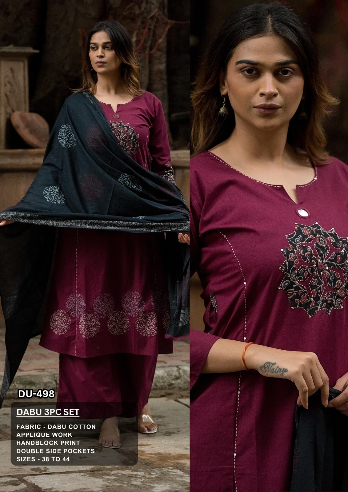 Wine Dabu Cotton 3-Piece Set with Appliqué Work & Handblock Dupatta