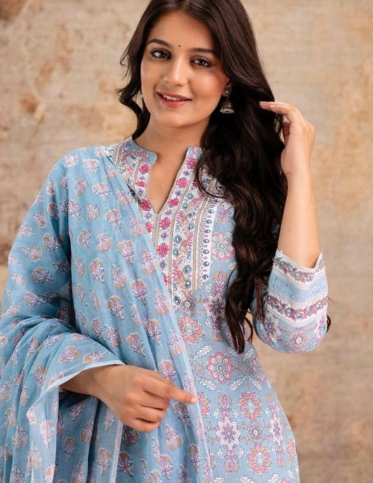 Powder Blue Printed Cotton Kurta Set – Blue & Pink