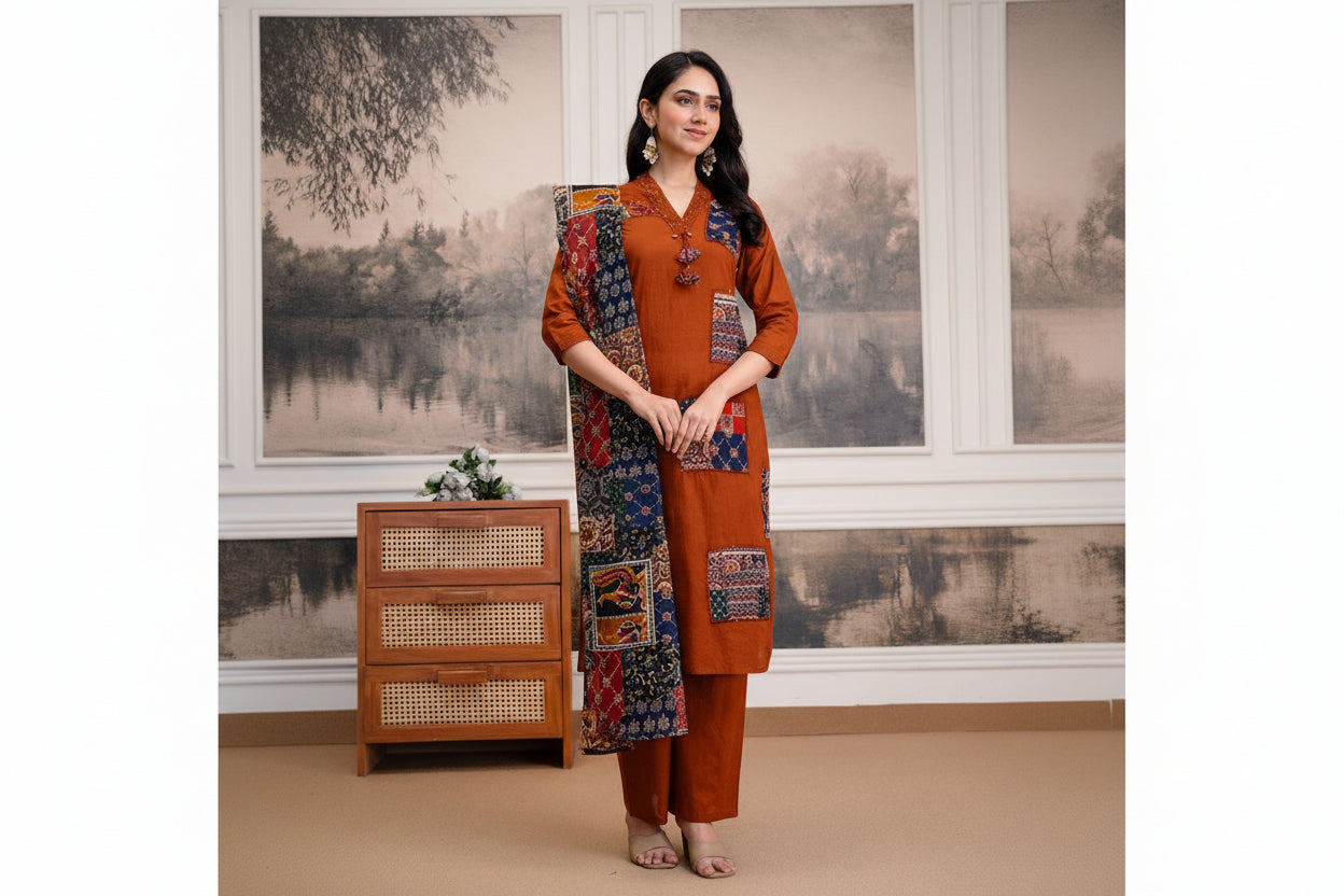 Rust Orange Patchwork Pure Cotton Kurta Set