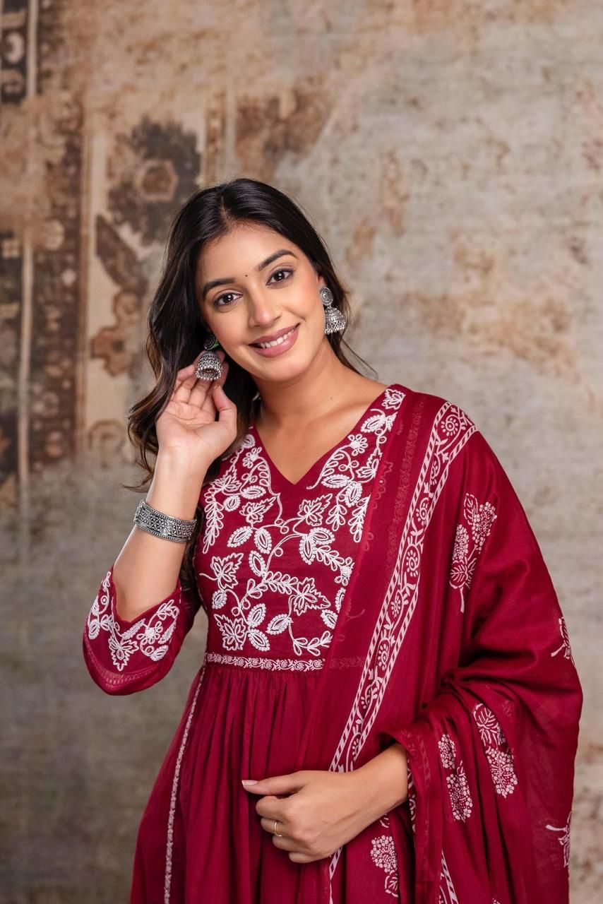 Wine Cotton Embroidered Flared Kurta Set