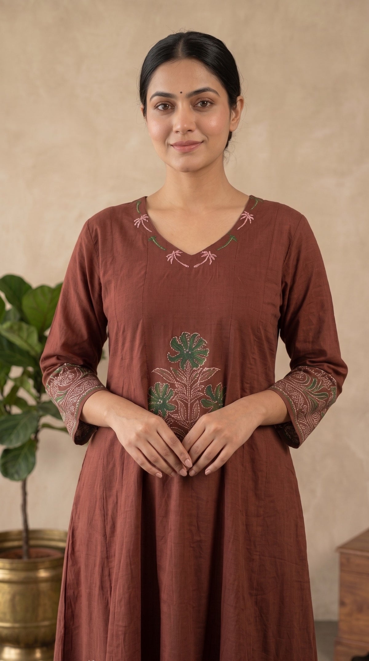 🤎 Rust Brown Handblock Printed Anarkali 3-Piece Set