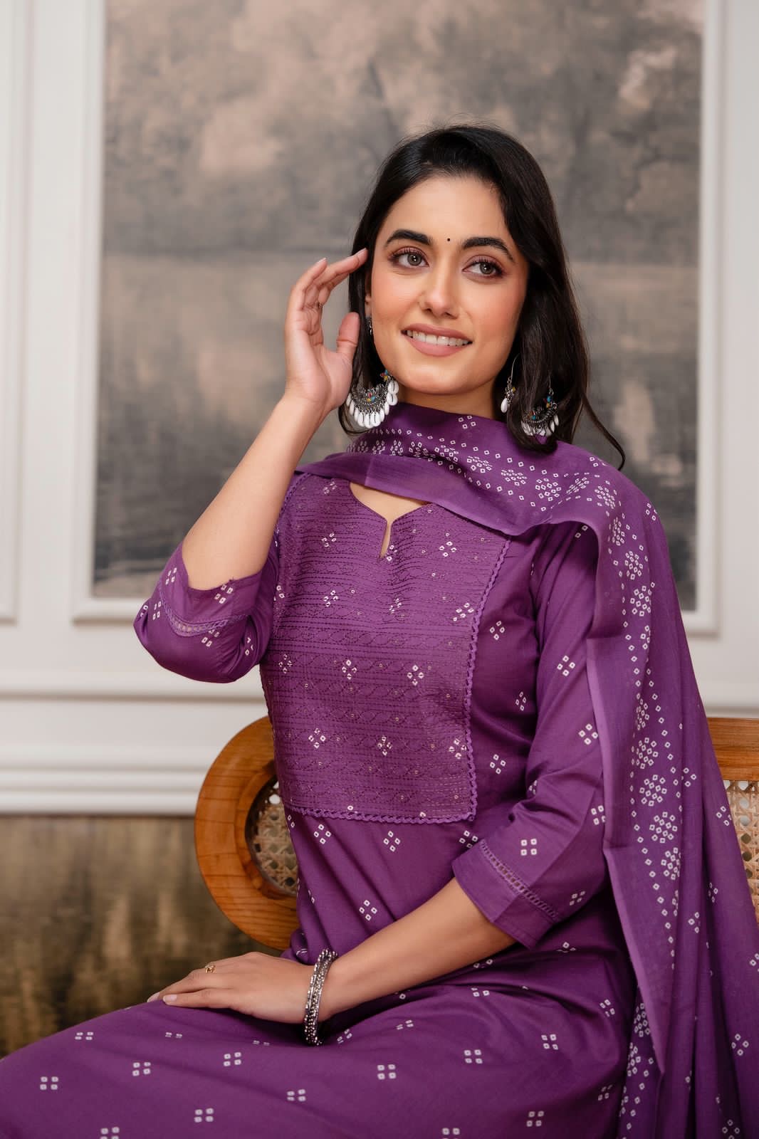 Purple Bandhani Pure Cotton Kurta Set