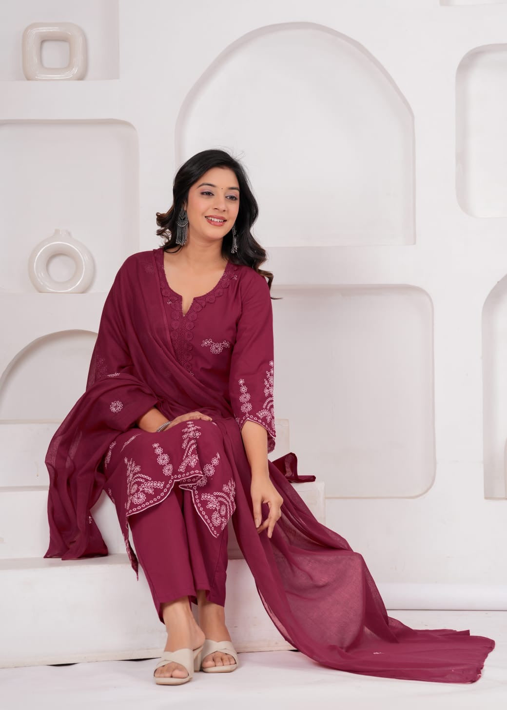 Wine Cotton Embroidered Kurta Set