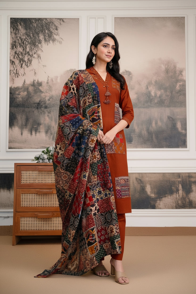 Rust Orange Patchwork Pure Cotton Kurta Set