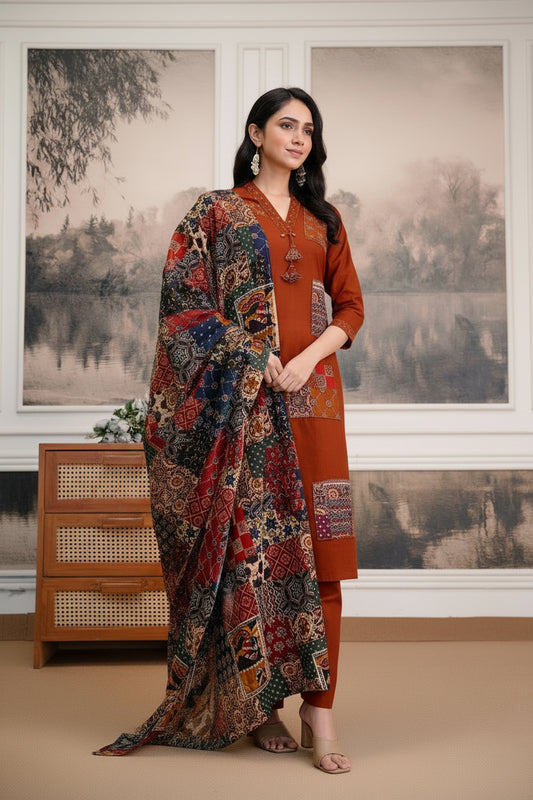 Rust Orange Patchwork Pure Cotton Kurta Set