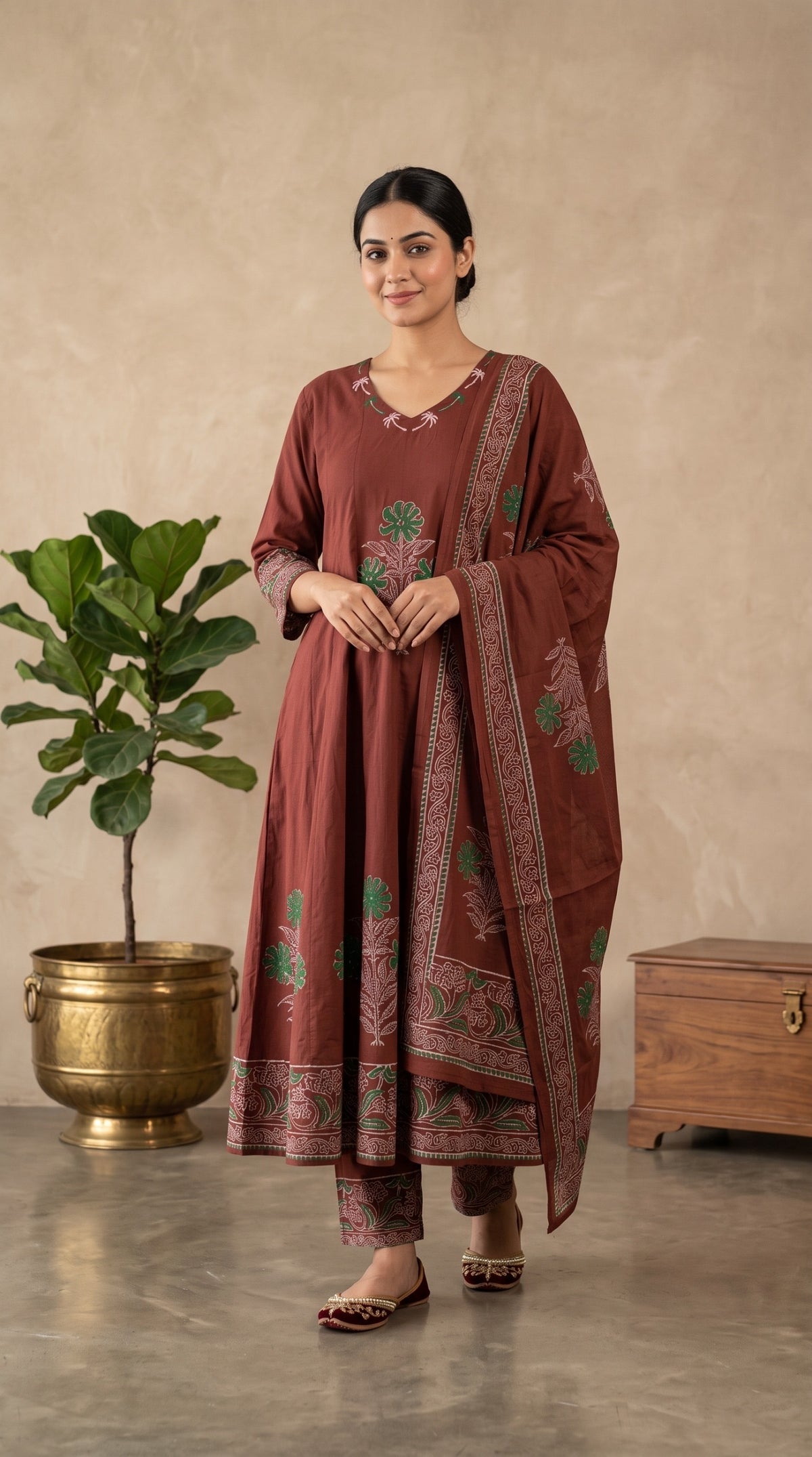 🤎 Rust Brown Handblock Printed Anarkali 3-Piece Set