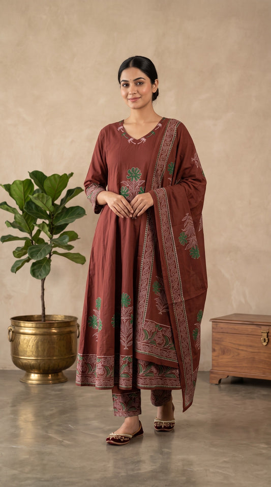 🤎 Rust Brown Handblock Printed Anarkali 3-Piece Set