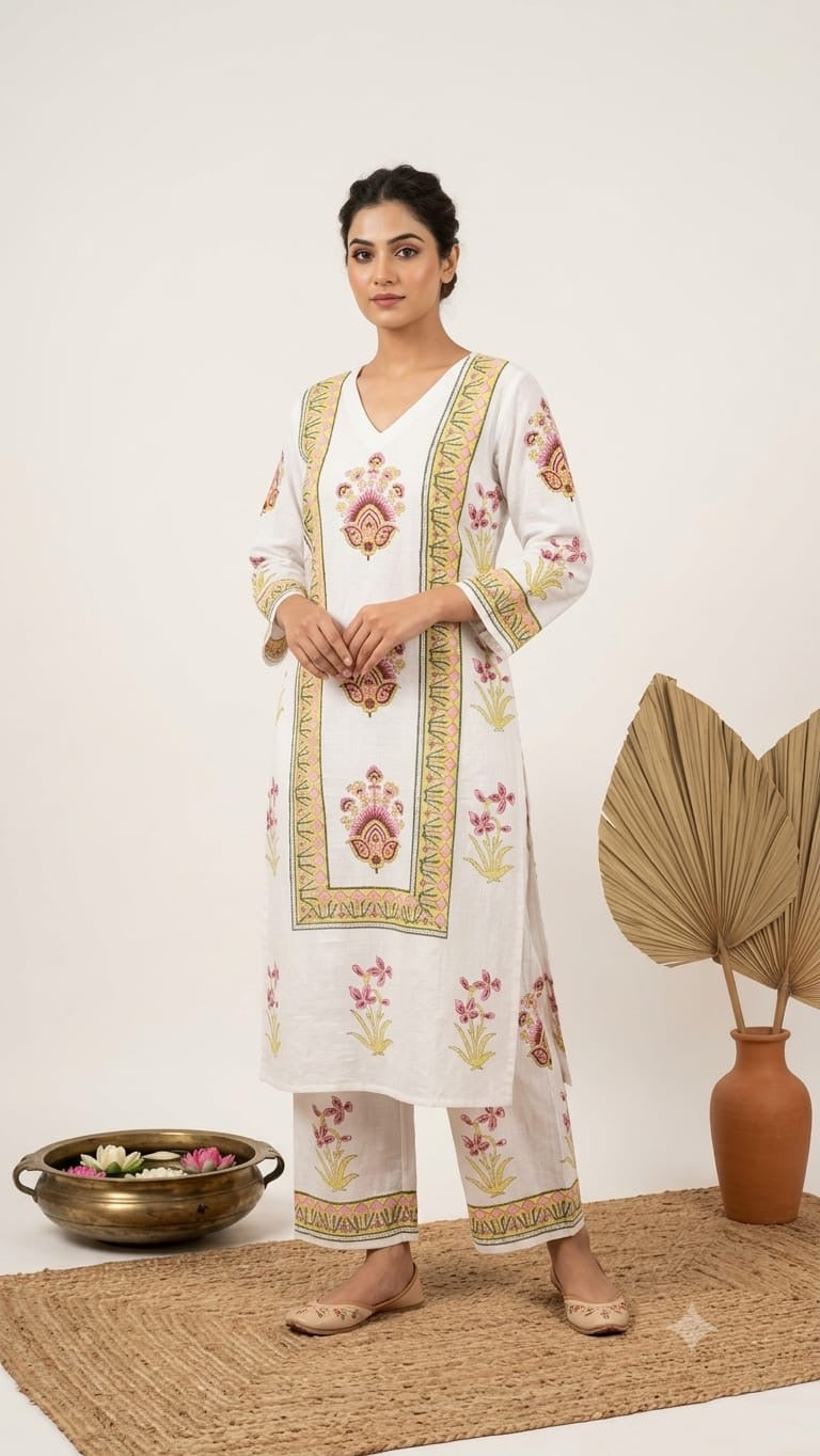 White Handblock Printed Cotton Kurta & Palazzo Set