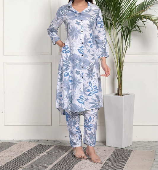 White and blue Rayon Co ord set