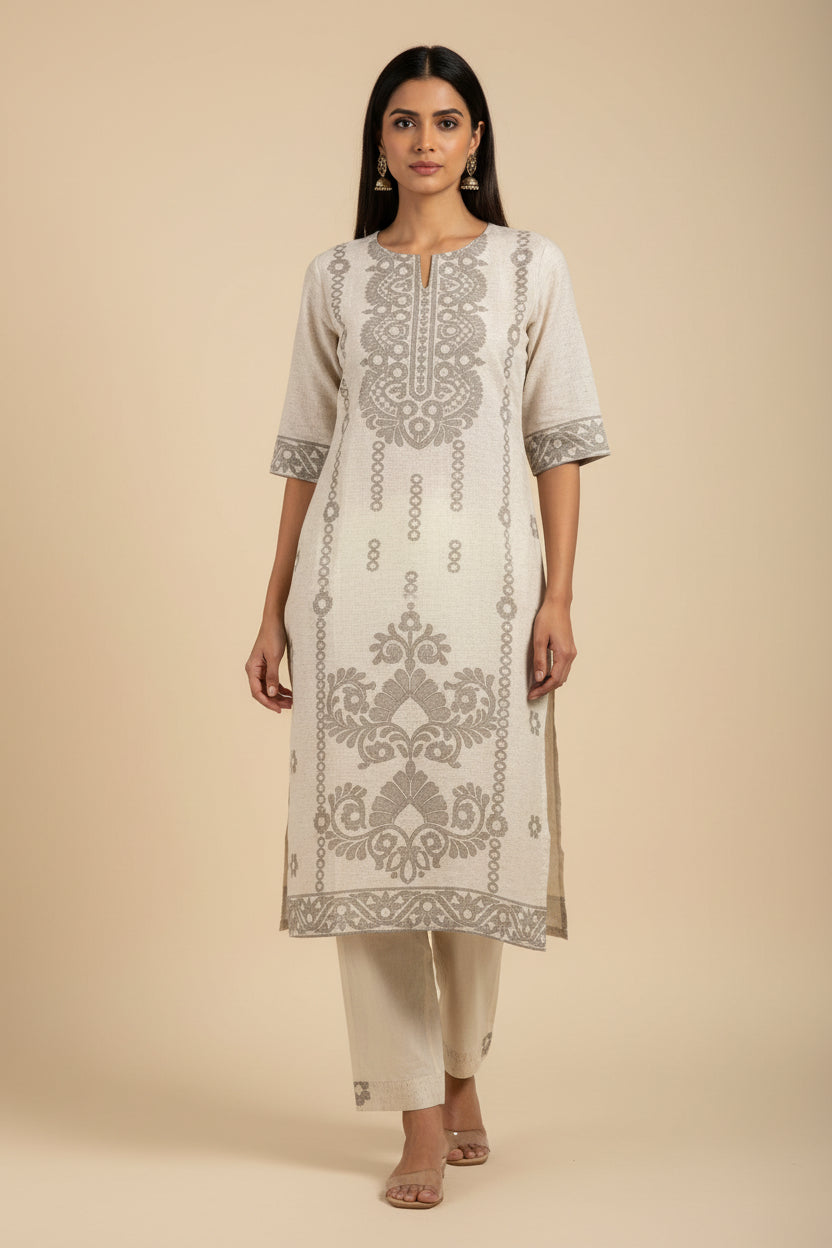 Ivory and Grey-Brown Pure Linen Printed Kurta Set