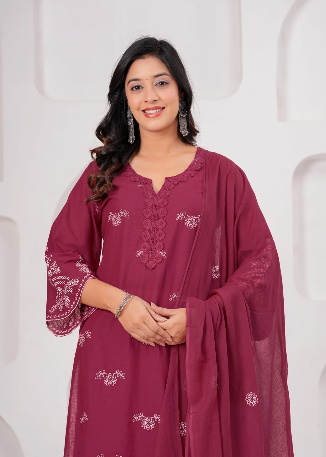 Wine Cotton Embroidered Kurta Set