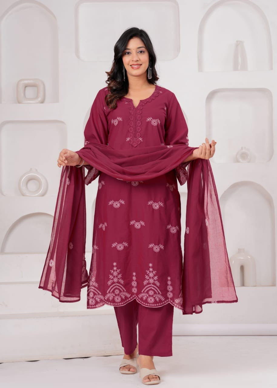 Wine Cotton Embroidered Kurta Set