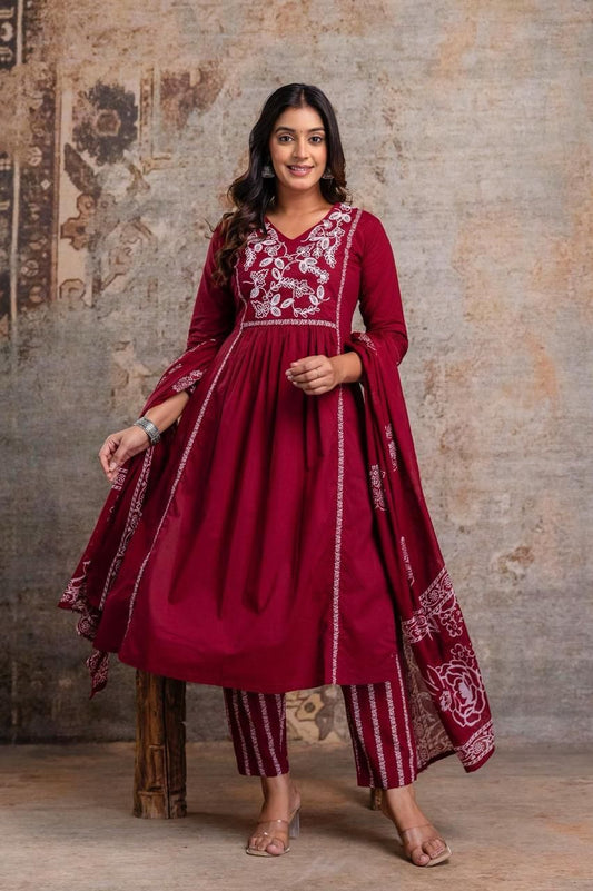 Wine Cotton Embroidered Flared Kurta Set