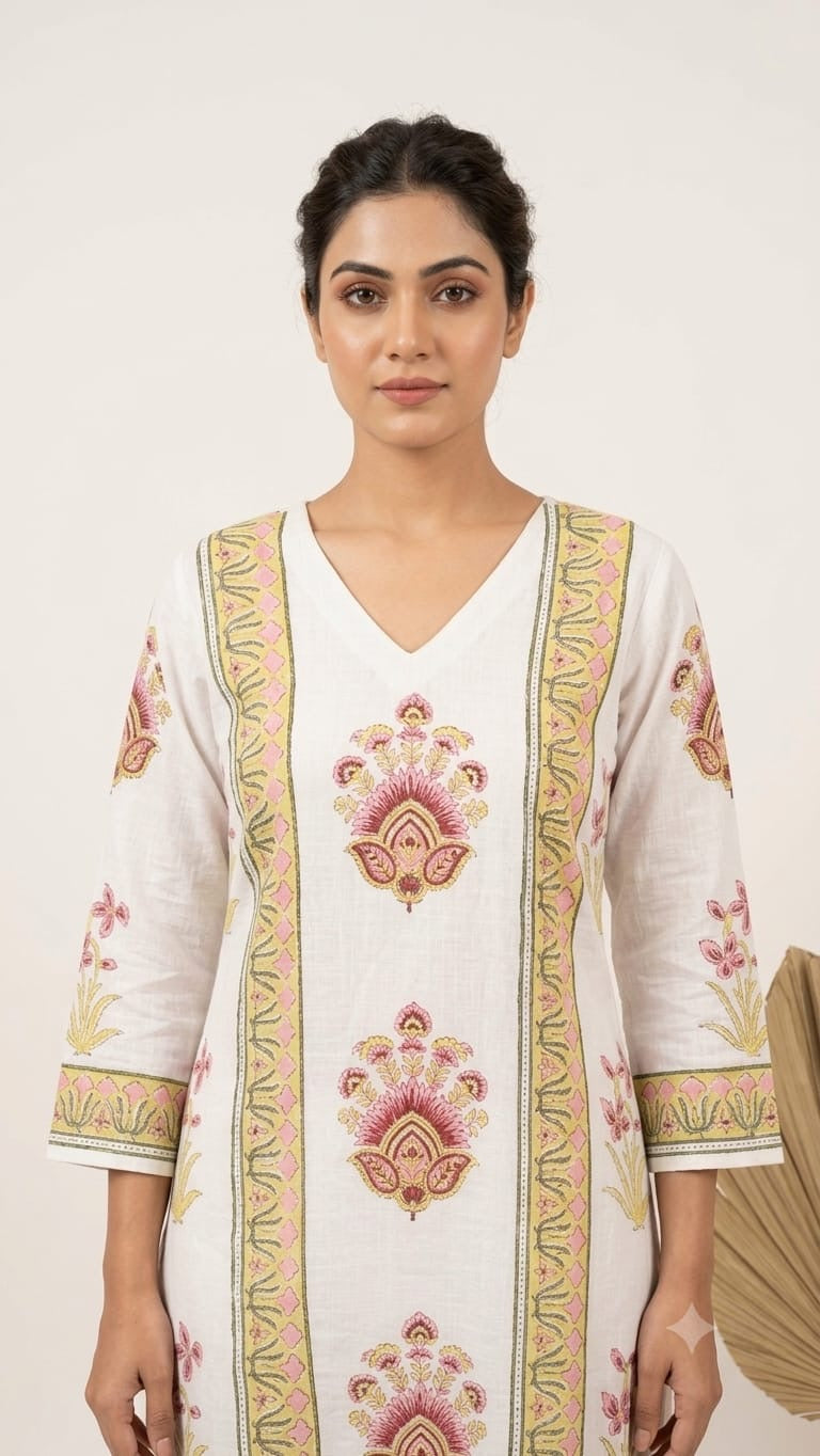 White Handblock Printed Cotton Kurta & Palazzo Set