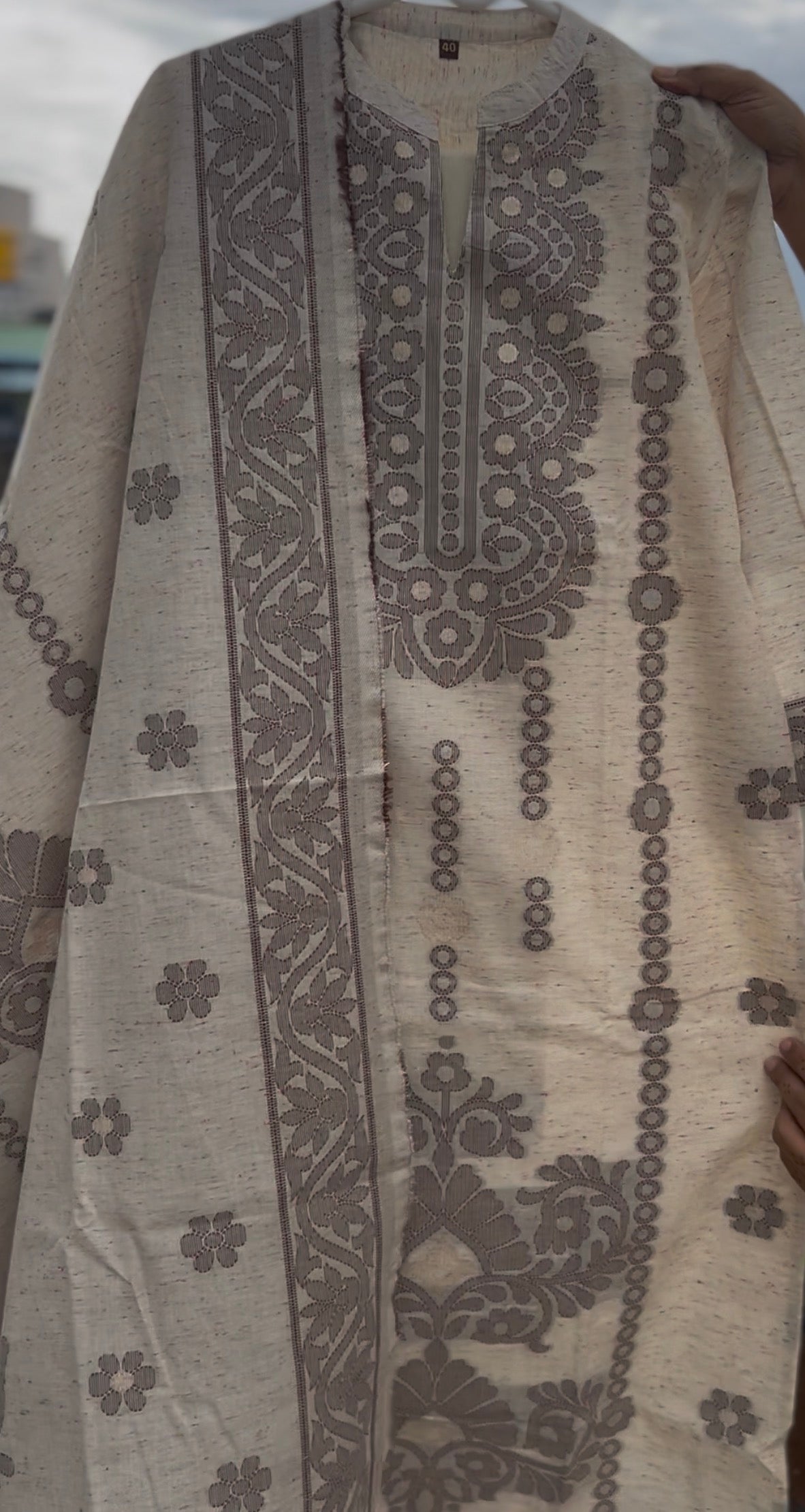 Ivory and Grey-Brown Pure Linen Printed Kurta Set