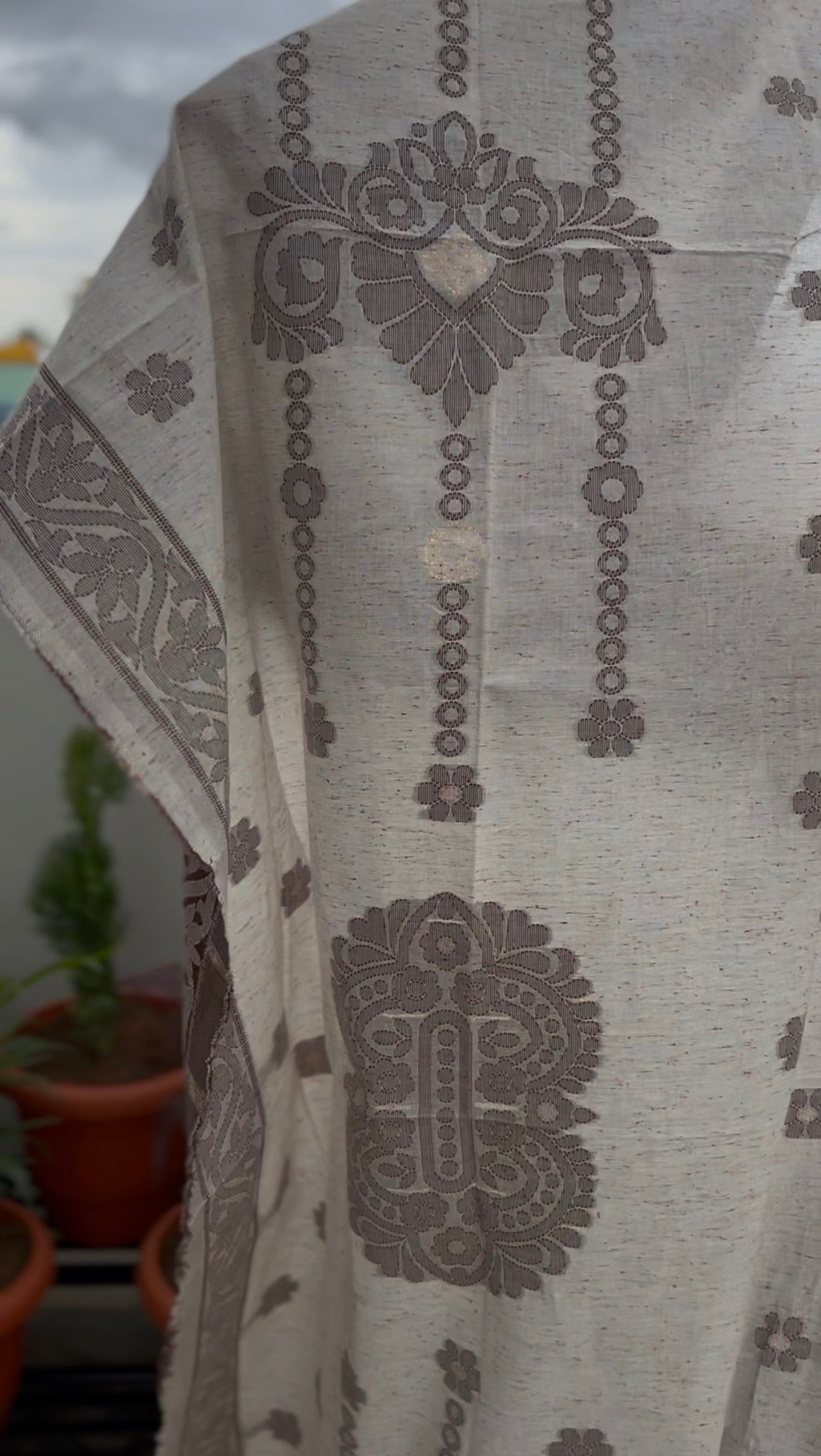 Ivory and Grey-Brown Pure Linen Printed Kurta Set