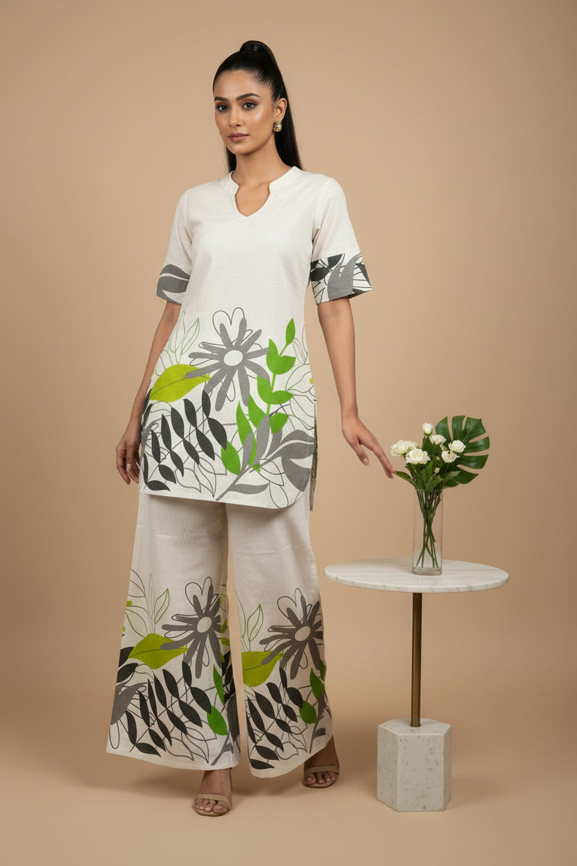 Ivory and Green Shade - Pure Khadi cotton co ord set