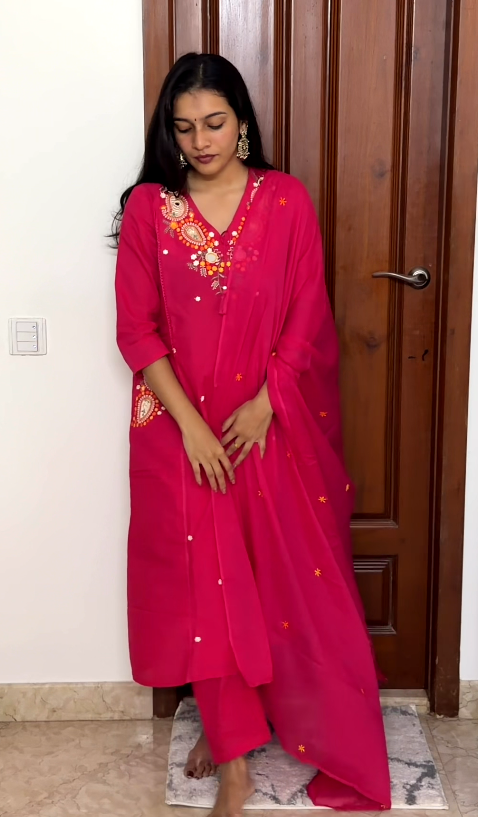Rani Pink Embroidered Pure Cotton 3-Piece Kurta Set