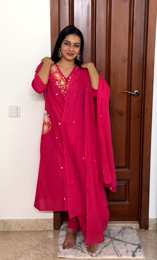 Rani Pink Embroidered Pure Cotton 3-Piece Kurta Set