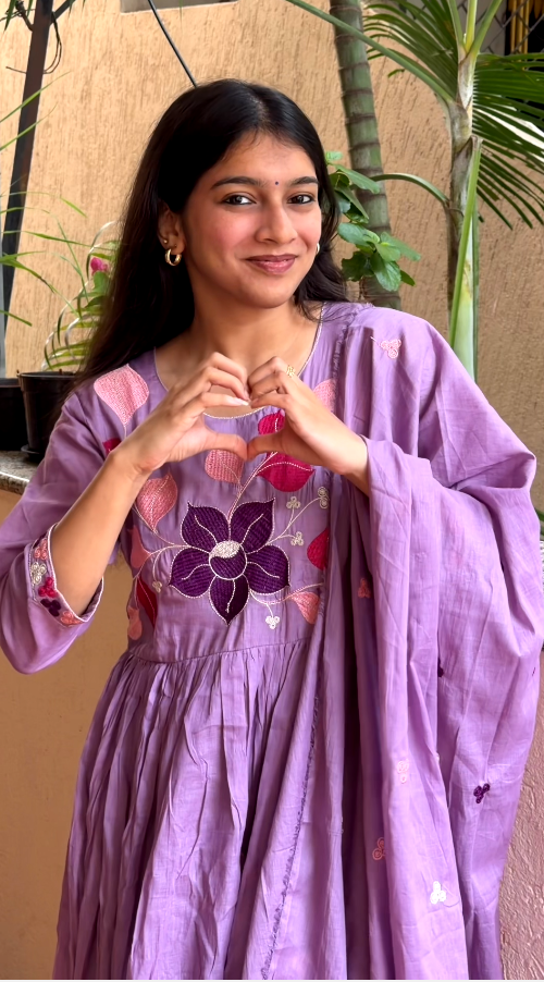 Lavender Floral Embroidered Anarkali Kurta Set with Dupatta