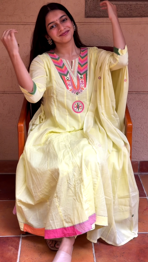 Lemon Yellow Embroidered Anarkali 3-Piece Kurta Set