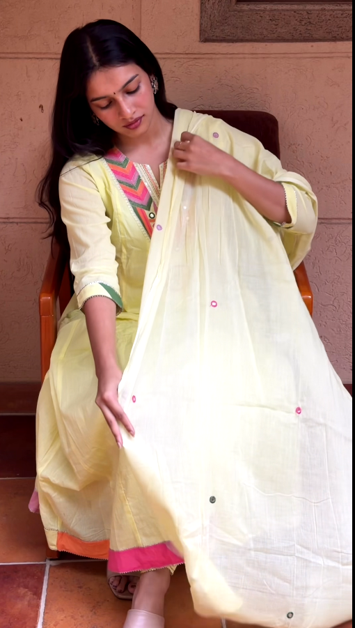 Lemon Yellow Embroidered Anarkali 3-Piece Kurta Set