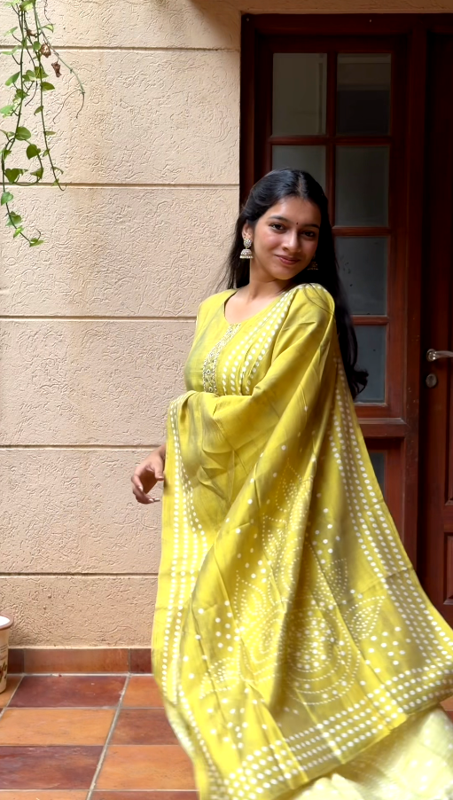 Lemon Green Linen Bandhani Inspired 3-Piece Kurta Set