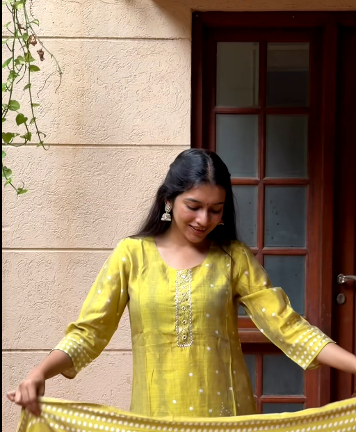 Lemon Green Linen Bandhani Inspired 3-Piece Kurta Set