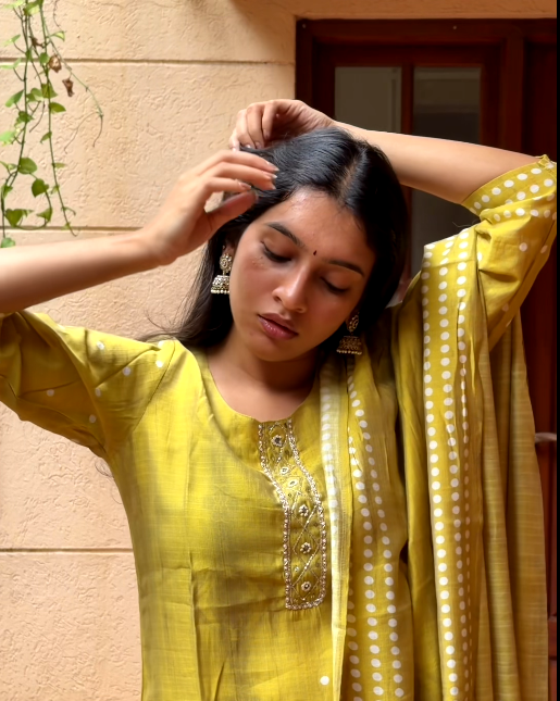 Lemon Green Linen Bandhani Inspired 3-Piece Kurta Set