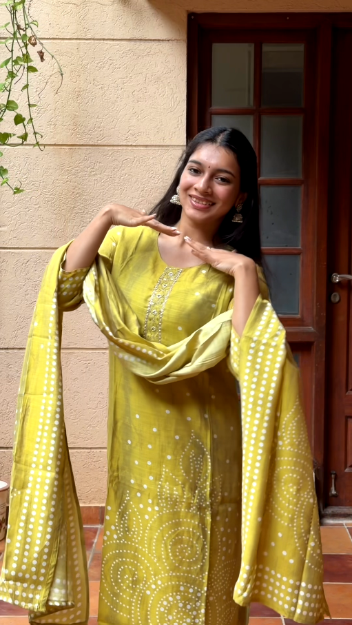 Lemon Green Linen Bandhani Inspired 3-Piece Kurta Set