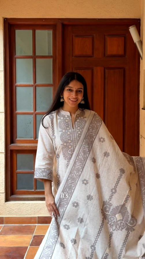 Ivory and Grey-Brown Pure Linen Printed Kurta Set