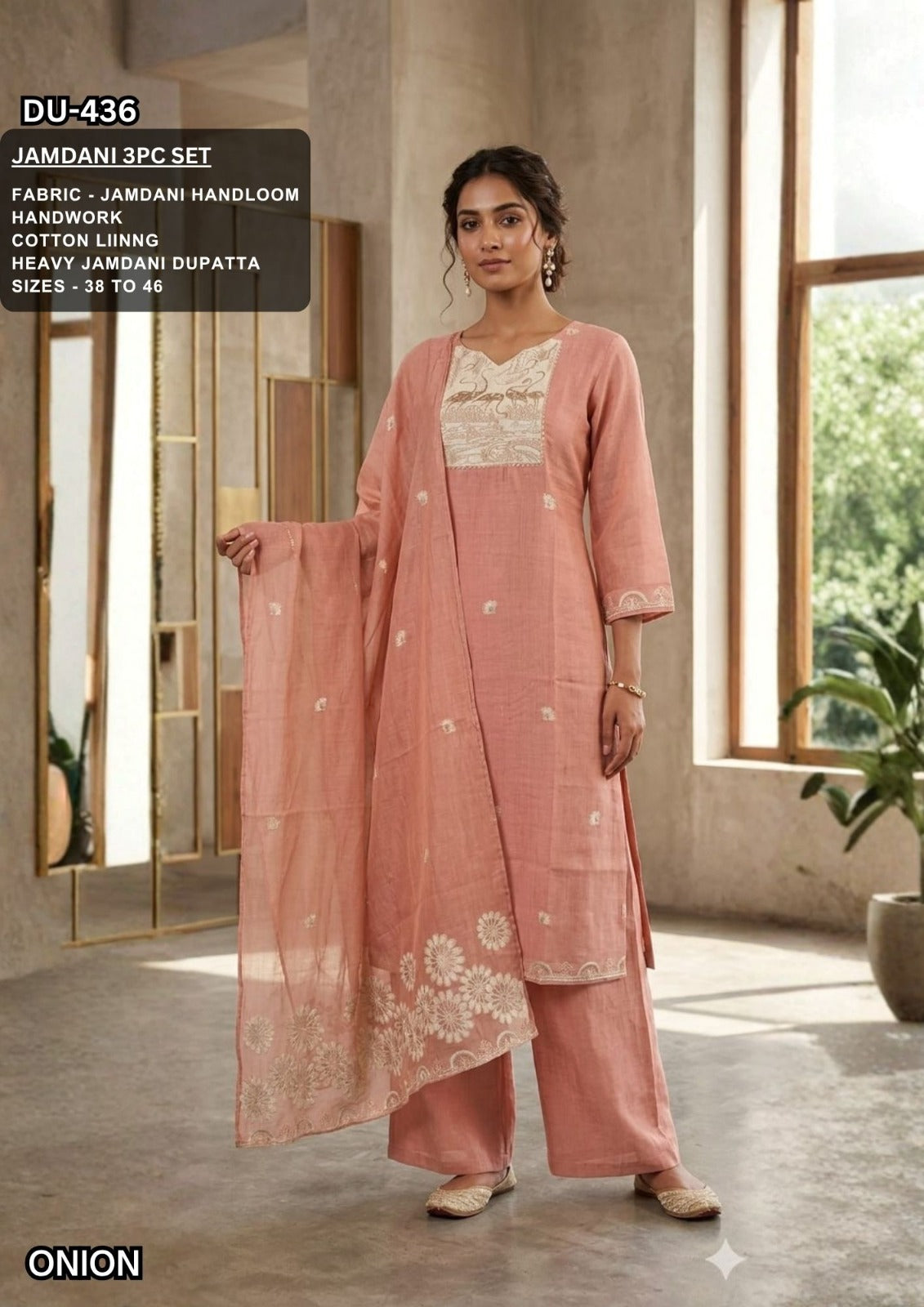 Onion Pink Jamdani Cotton 3-Piece Kurta Set