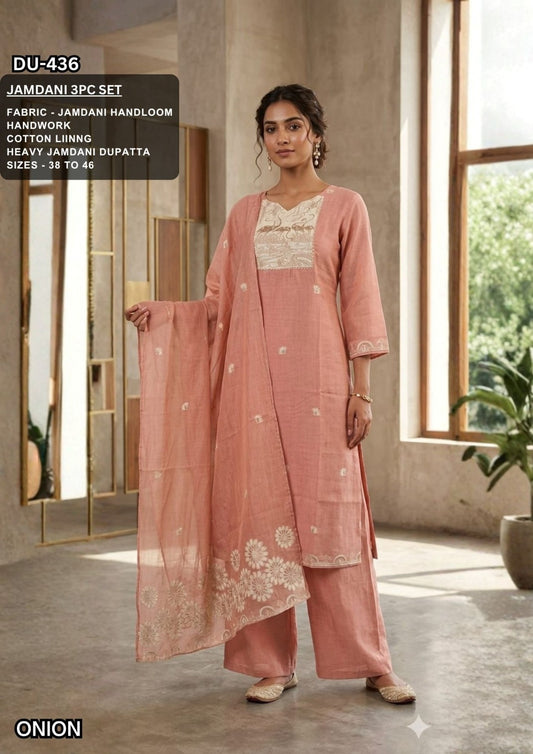 Onion Pink Jamdani Cotton 3-Piece Kurta Set