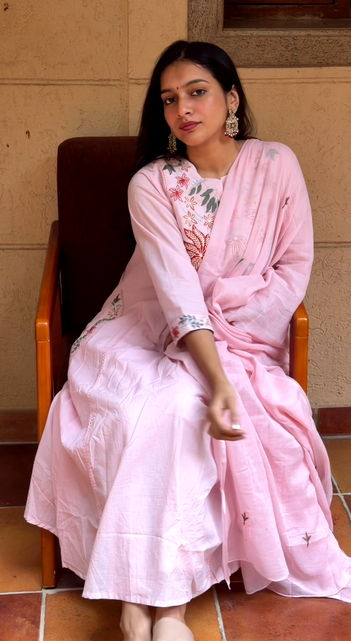 Blush Pink Floral Embroidered Cotton Anarkali Set
